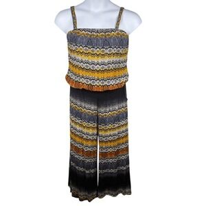 S-Twelve Jumpsuit Multicolor Boho Striped Smocked Flowy Wide Leg Size‎ L Retro
